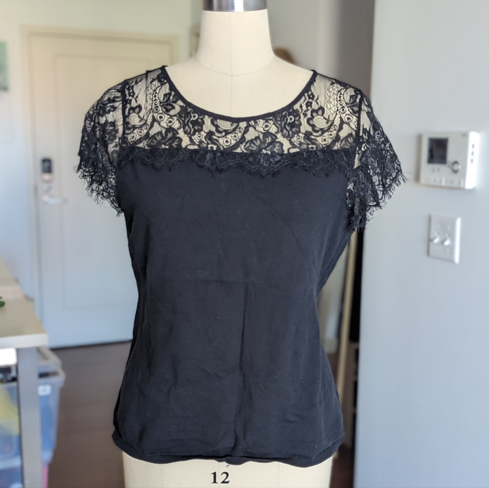 Anthropologie Black Lace-Yoke Short Sleeve Top
